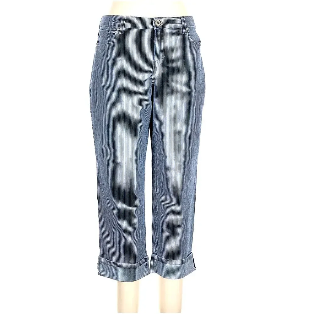 Style & Co Jeans Curvy Capri Conductor Stripped Blue Cuffed Size 10
